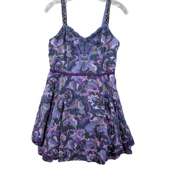 Vintage Free People Flowy Paisley Mini Dress Women's 12 Dark Romantic Festival - Picture 1 of 12